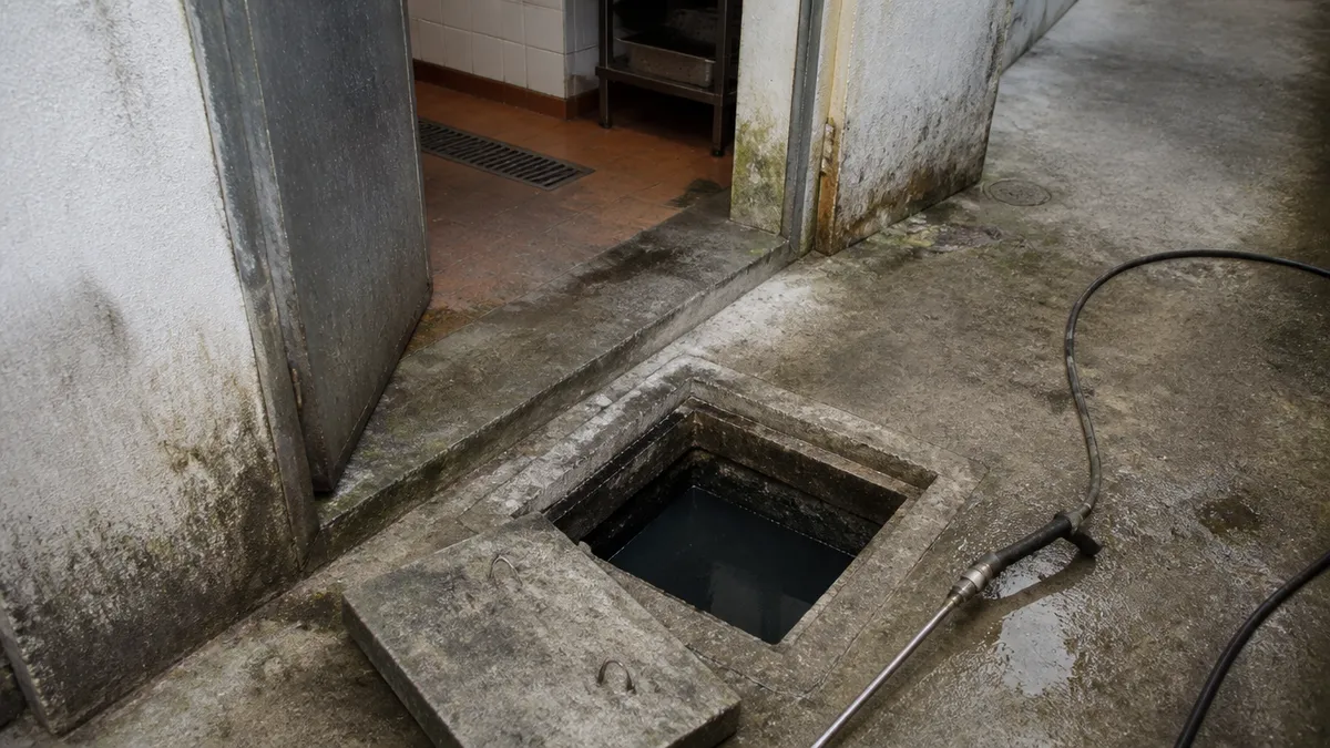 Patio de un local con arqueta de alcantarillado abierta, agua retenida y manguera de limpieza, sin personas