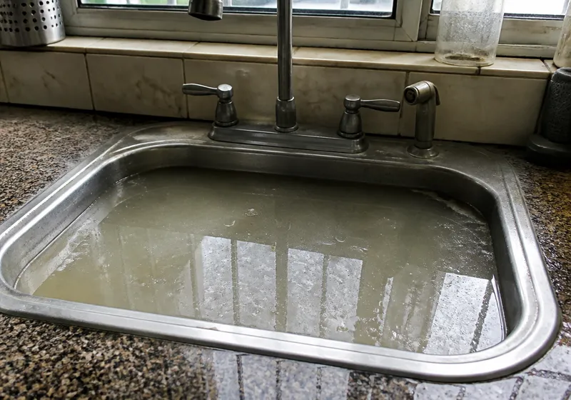 Fregadero de cocina atascado en una vivienda de Sevilla visto de cerca, sin personas
