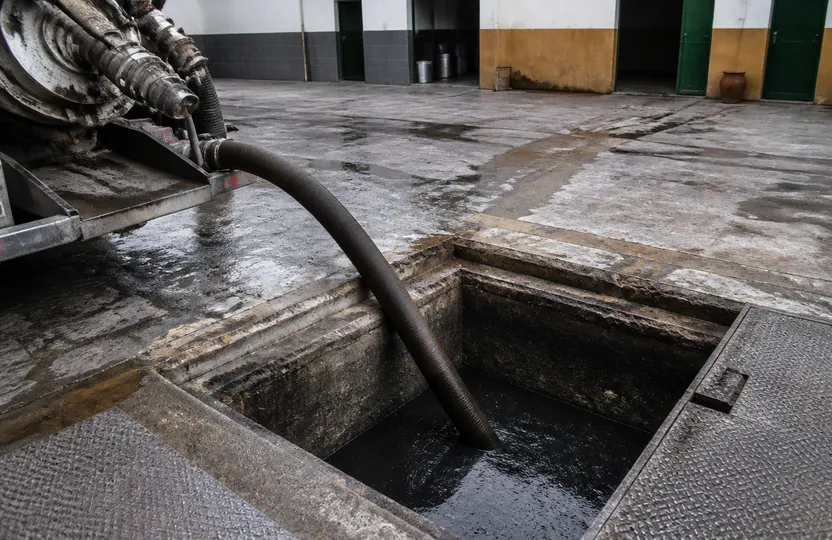 Manguera de succión de aguas residuales conectada a una arqueta en una calle de Sevilla
