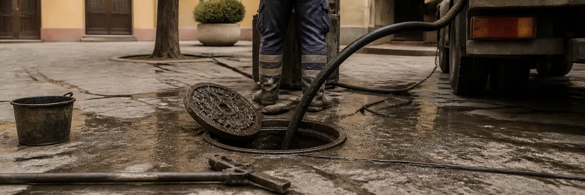 Franja de trabajo de saneamiento en Sevilla: arqueta abierta, manguera y herramientas sobre hormigón