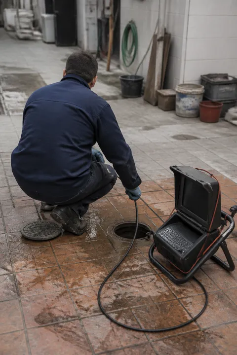 Técnico de espalda guiando un cable de cámara por una tubería de saneamiento