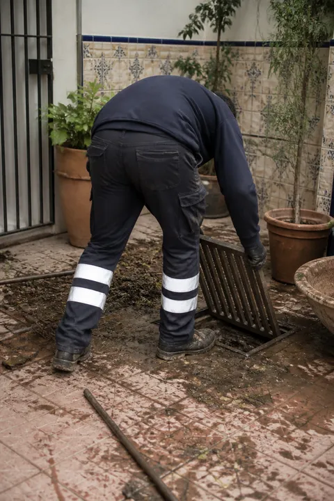 Operario de espalda limpiando un imbornal de patio en un edificio de Sevilla