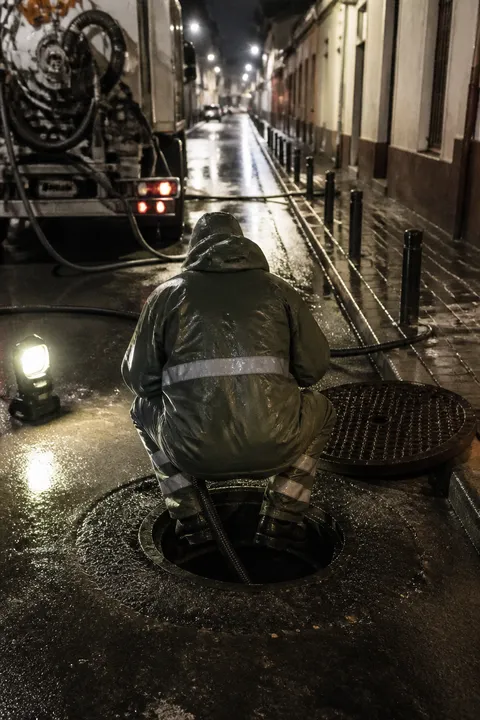 Operario de espalda atendiendo una arqueta de urgencia por la noche en Sevilla