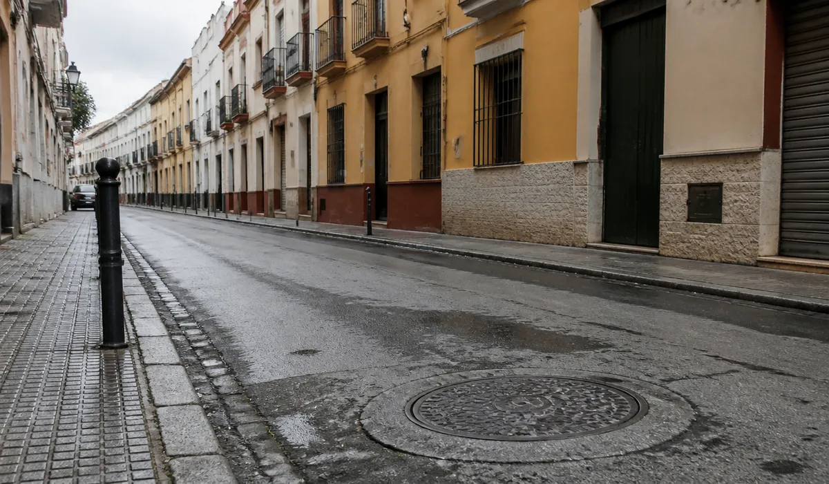 Calle residencial de Sevilla con arqueta en primer plano, zona habitual de desatascos